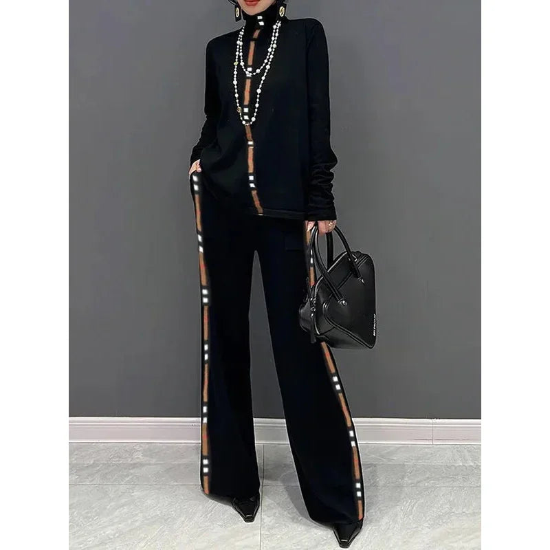 Gymystars Autumn Two Piece Set Winter Pants Sets Casual Contrast Color Wide Leg Trousers High Neck T-Shirts Female Tops&Bottoms Striped Floral Plaid Gymystars Autumn Two Piece Set Winter Pants Sets Casual Contrast Color Wide Leg Trousers High Neck T-Shirts Female Tops&Bottoms Striped Floral Plaid