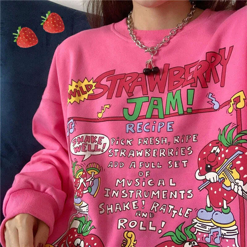 Harajuku Retro Top Strawberry Print Sweatshirt Women Loose Streetwear Sweatshirts American Oversized Pullovers Ribbed Striped Patterned Harajuku Retro Top Strawberry Print Sweatshirt Women Loose Streetwear Sweatshirts American Oversized Pullovers Ribbed Striped Patterned