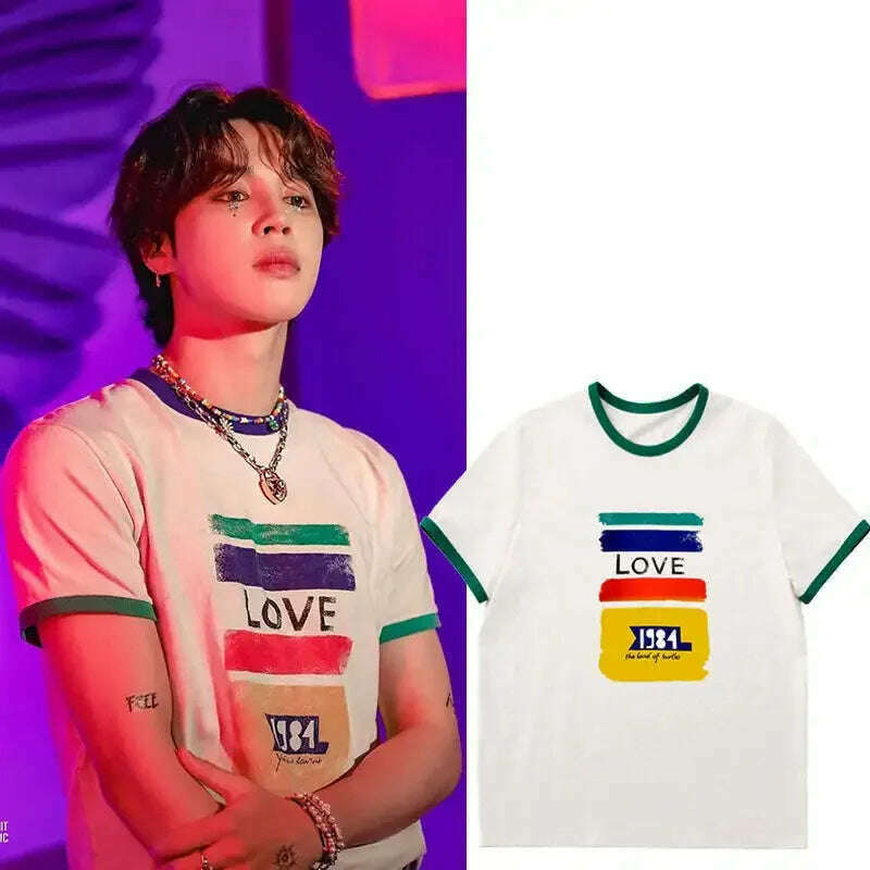 Jimin Equal Love Short Sleeve T-shirt Kpop Youth Group Flat Love Printing Casual Top Same Style Crew Neck Other Style Welt Pockets Slit Pockets Flap Pockets Jimin Equal Love Short Sleeve T-shirt Kpop Youth Group Flat Love Printing Casual Top Same Style Crew Neck Other Style Welt Pockets Slit Pockets Flap Pockets