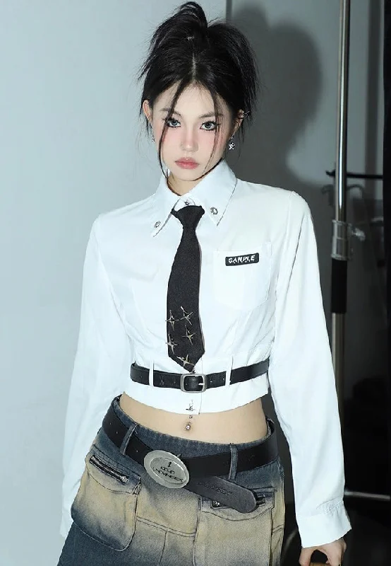 Liana Solid Color White Preppy Letter Cropped Star Office Shirt Long Sleeve Black Waist Belt Top Sequined Glittery Shiny Liana Solid Color White Preppy Letter Cropped Star Office Shirt Long Sleeve Black Waist Belt Top Sequined Glittery Shiny