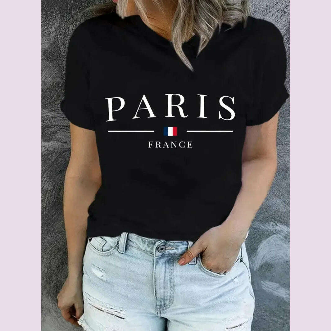 Plus Size PARIS Print T-shirt, Short Sleeve Crew Neck Casual Top For Summer & Spring, Women's Clothing Ribbed Striped Patterned Plus Size PARIS Print T-shirt, Short Sleeve Crew Neck Casual Top For Summer & Spring, Women's Clothing Ribbed Striped Patterned