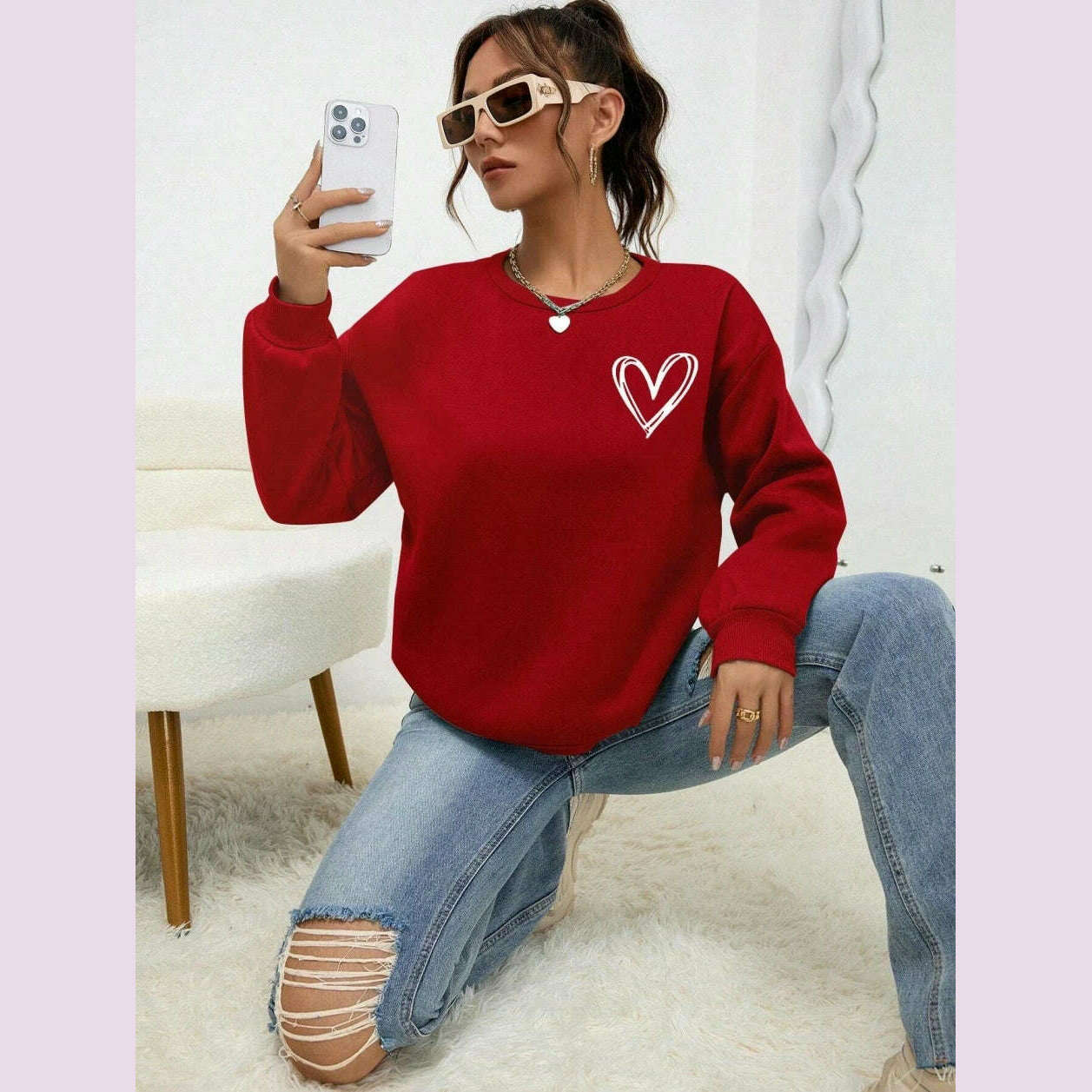 Simple Heart Pattern Printing Sweatshirts For Womens Casual Comfortable Crewneck Hoodies Loose Fleece Warm Sportswear Clothes Boxy Fit Fitted Loose Simple Heart Pattern Printing Sweatshirts For Womens Casual Comfortable Crewneck Hoodies Loose Fleece Warm Sportswear Clothes Boxy Fit Fitted Loose