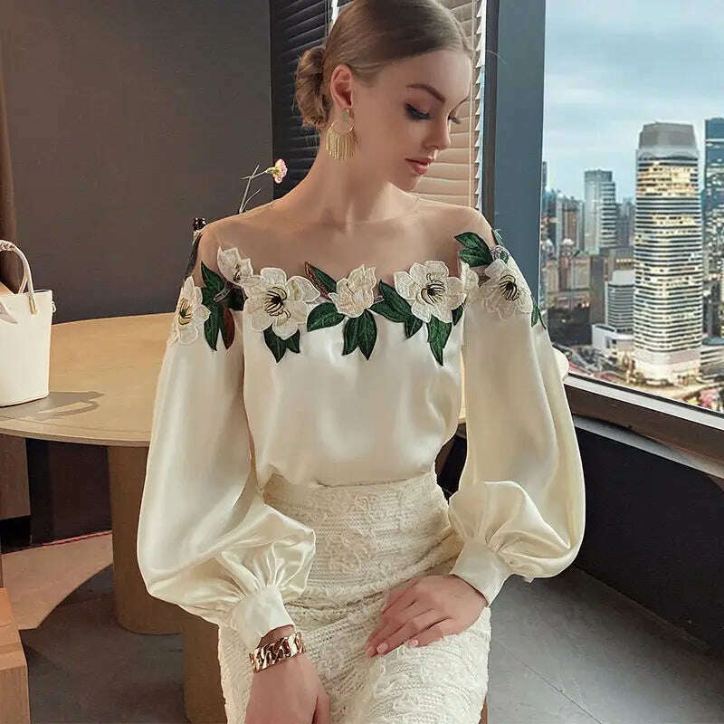 Spring and Autumn Celebrity Style Heavy Industry Mesh Splicing Satin Embroidered Shirt Top for Women 2024 New Cotton Fabric Linen Fabric Terry Fabric Spring and Autumn Celebrity Style Heavy Industry Mesh Splicing Satin Embroidered Shirt Top for Women 2024 New Cotton Fabric Linen Fabric Terry Fabric
