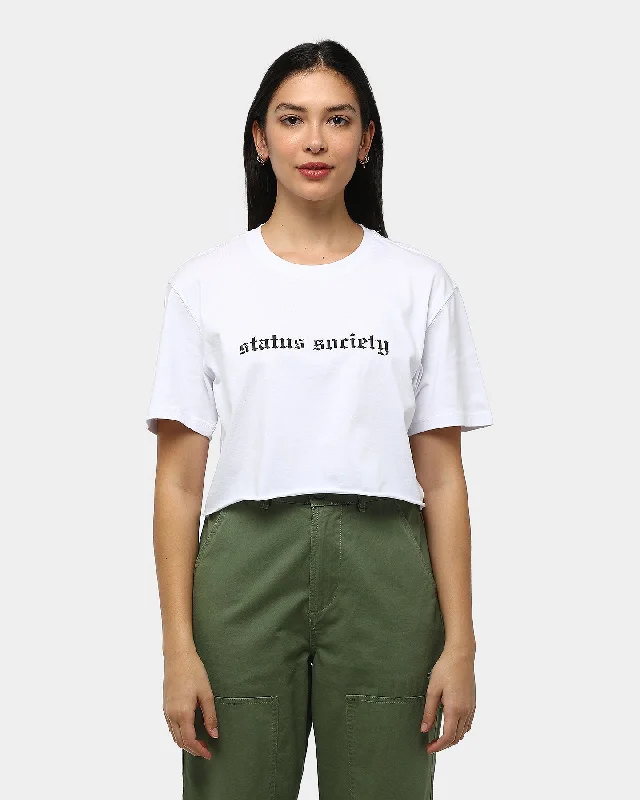 Status Society Women's Curio Crop T-Shirt White/Black Hooded Caped Shawl Collar