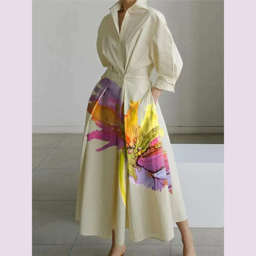 Yeezzi 2024 New Spring Summer Fashion Floral Printed Pleated A-Line Dresses Split-Joint Tied Waist Lapel Shirts Dress For Women Zippered Front Buttoned Front Snap Front Yeezzi 2024 New Spring Summer Fashion Floral Printed Pleated A-Line Dresses Split-Joint Tied Waist Lapel Shirts Dress For Women Zippered Front Buttoned Front Snap Front