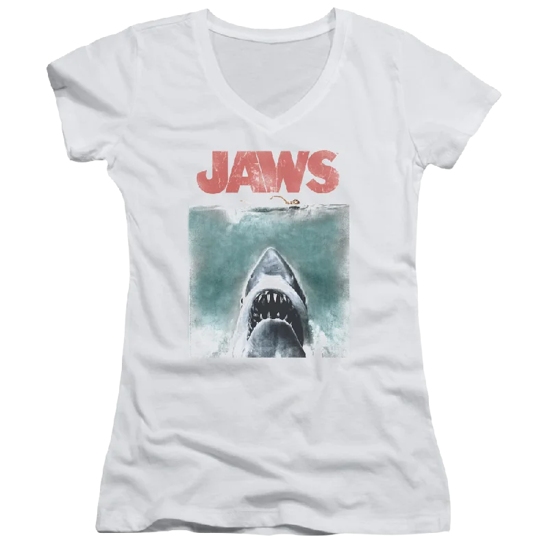 Jaws Vintage Poster Juniors V-Neck T-Shirt Notch Collar Peter Pan Collar Cowl Neck