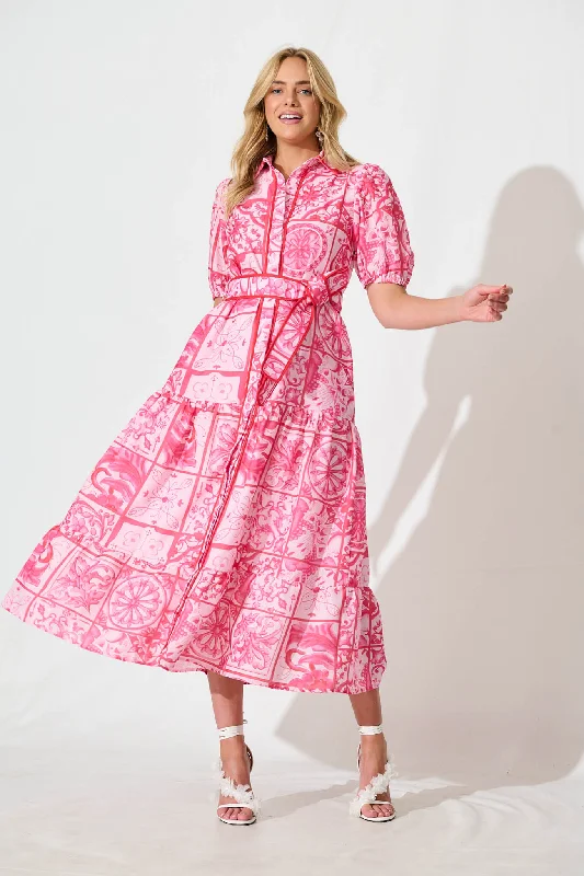 Katharena Maxi Shirt Dress in Pink and Red Tile Print Oversized T-Shirt Spandex breathable