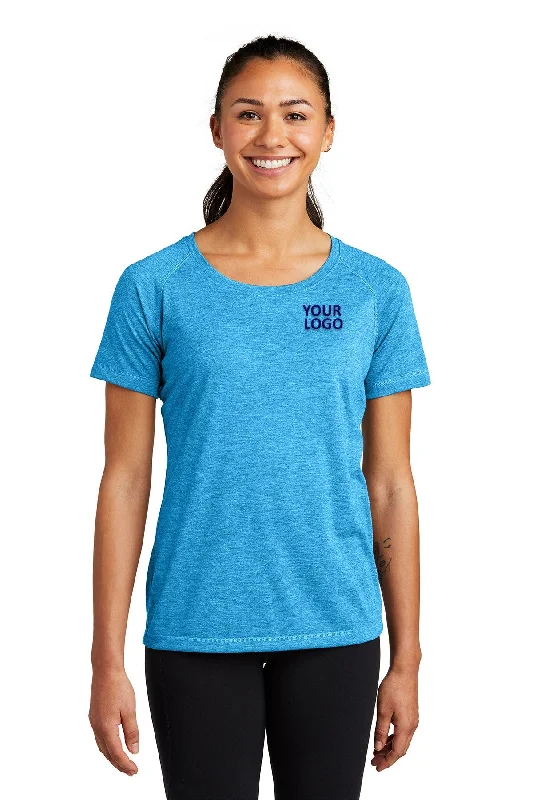 Sport-Tek Ladies PosiCharge Custom Tri Blend Wicking Scoop Neck Raglan Tee's, Pond Blue Heather Lace Blend Ribbed Blend Corduroy Blend