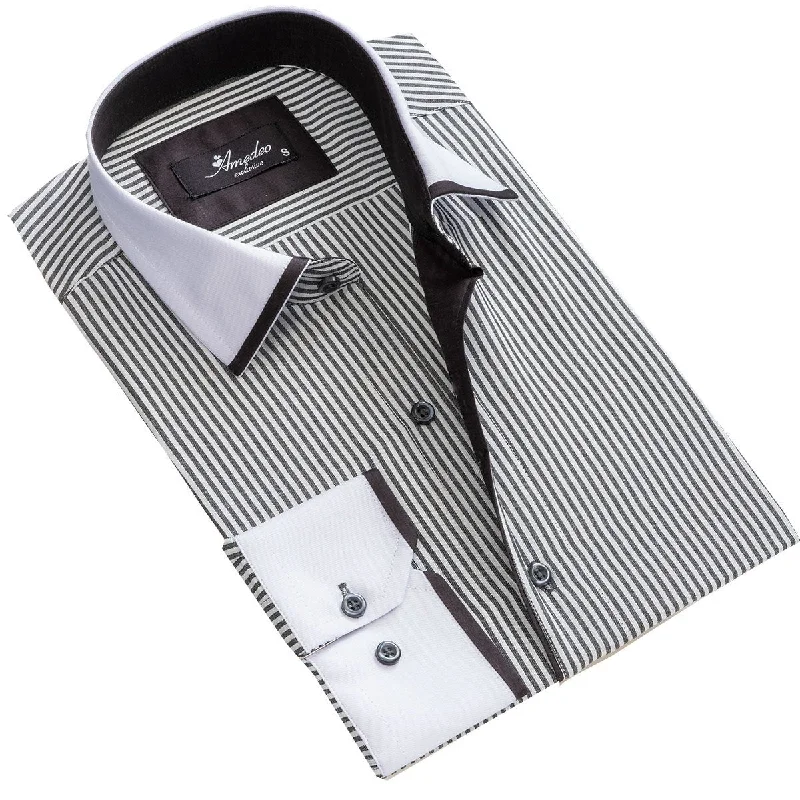 White & Grey lines Mens Slim Fit Designer Dress Shirt - tailored Cotton Shirts for Work and Casual Cotton Fabric Linen Fabric Terry Fabric White & Grey lines Mens Slim Fit Designer Dress Shirt - tailored Cotton Shirts for Work and Casual Cotton Fabric Linen Fabric Terry Fabric