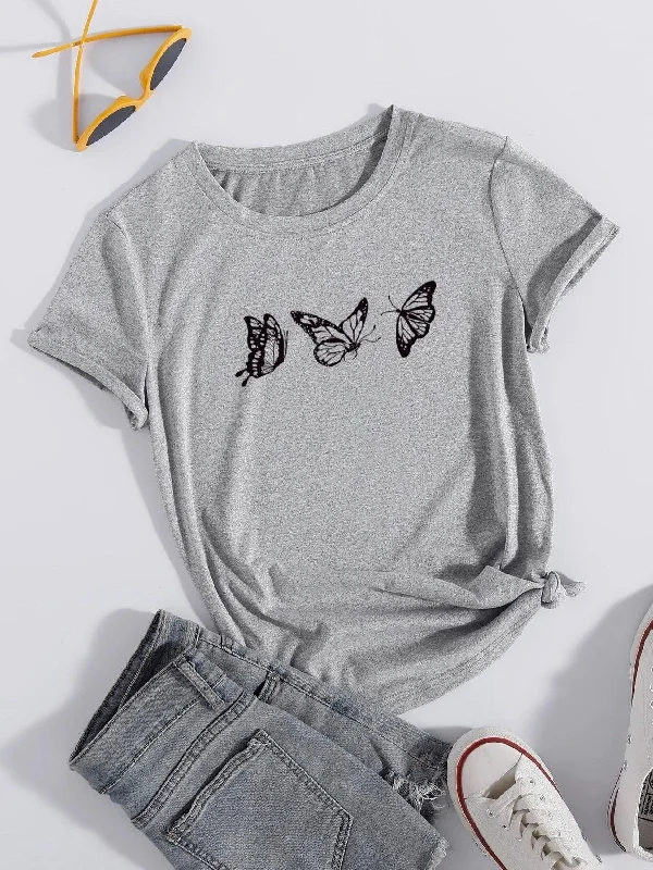 Womens Round Neck Printed Grey T.shirts Boxy Fit Fitted Loose