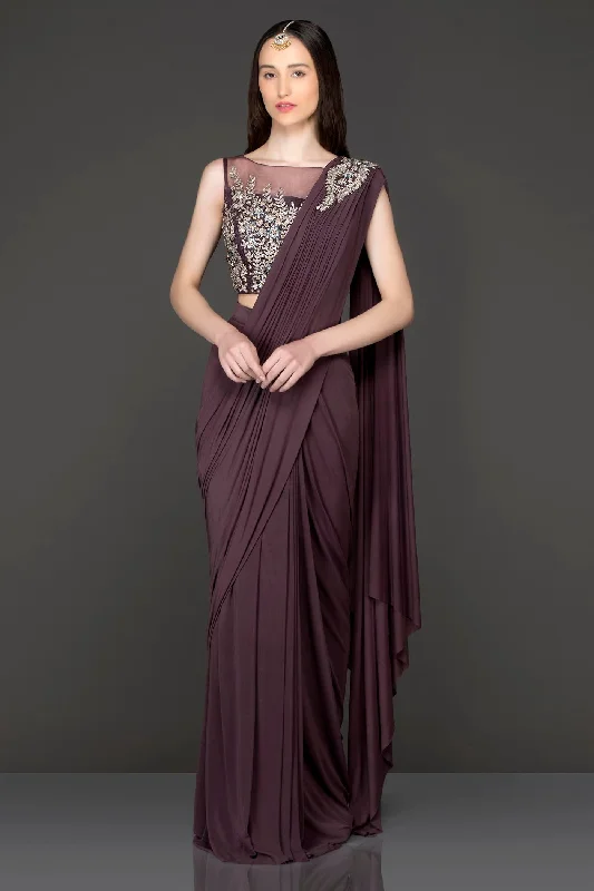 Wine Colour Lycra Readymade Saree With Net Blouse And Silver Dabka Asymmetric Hem Blouse Wine Colour Lycra Readymade Saree With Net Blouse And Silver Dabka Asymmetric Hem Blouse