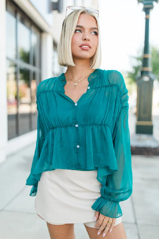 Breathe Deeper Jade Sheer Ruched Blouse FINAL SALE Floral Chiffon Blouse