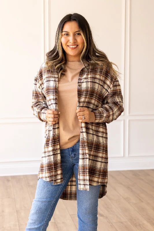 Toasty Timber Flannel Shacket Floral Chiffon Blouse