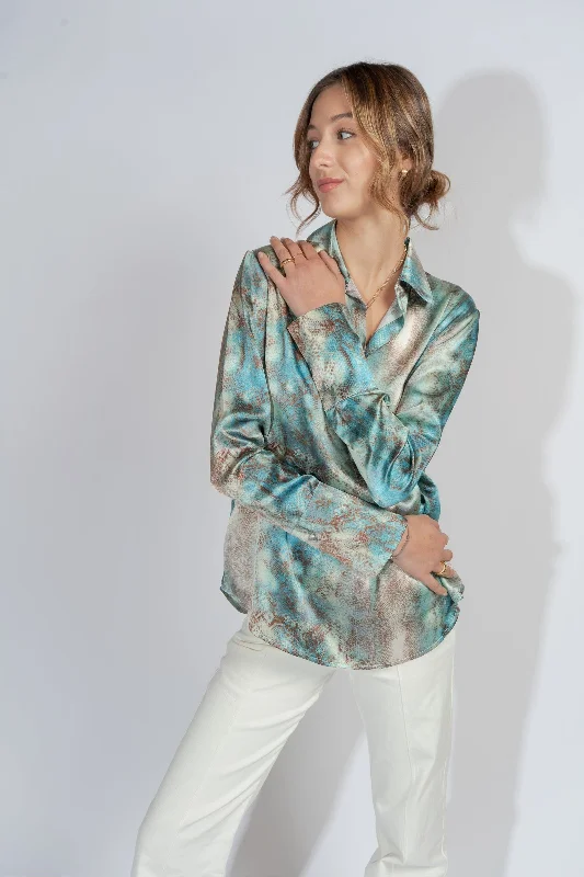 Catherine Gee Daria French Cuff Silk Blouse | Aqua Snake Feminine Ruffle Blouse