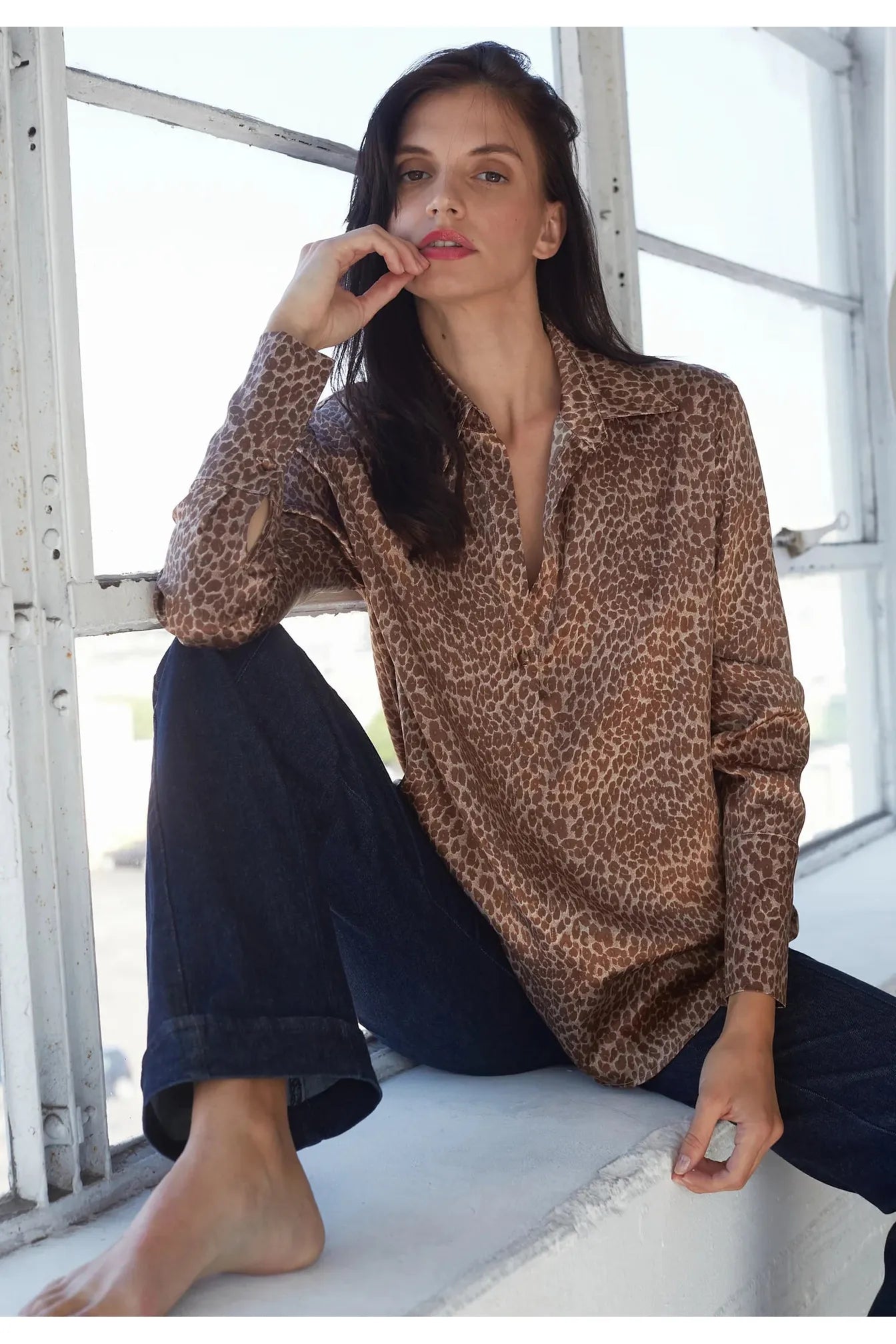 Catherine Gee Daria French Cuff Silk Blouse | Elegant Leopard Casual Stripe Blouse