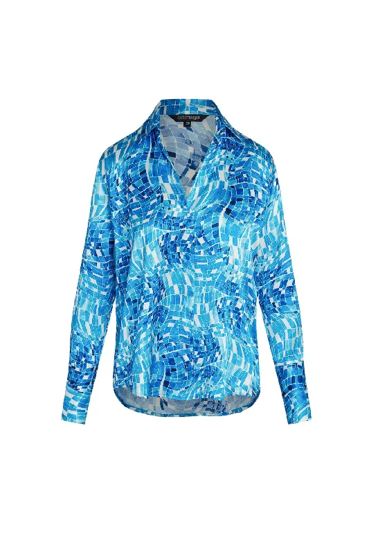 Catherine Gee Daria French Cuff Silk Blouse | Pool Mosaic Feminine Pastel Blouse