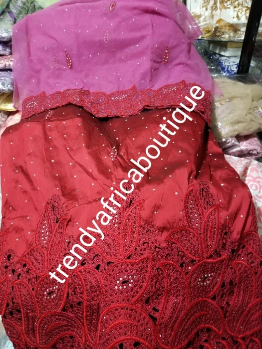 Clearance wine/onion pink blouse. Quality embriodery taffeta Silk George wrapper and matching contrast net blouse combination. Small-George Embellished with Crystal stones. Ideal for making Nigerian traditional outfit Semi-Sheer Blouse Clearance wine/onion pink blouse. Quality embriodery taffeta Silk George wrapper and matching contrast net blouse combination. Small-George Embellished with Crystal stones. Ideal for making Nigerian traditional outfit Semi-Sheer Blouse