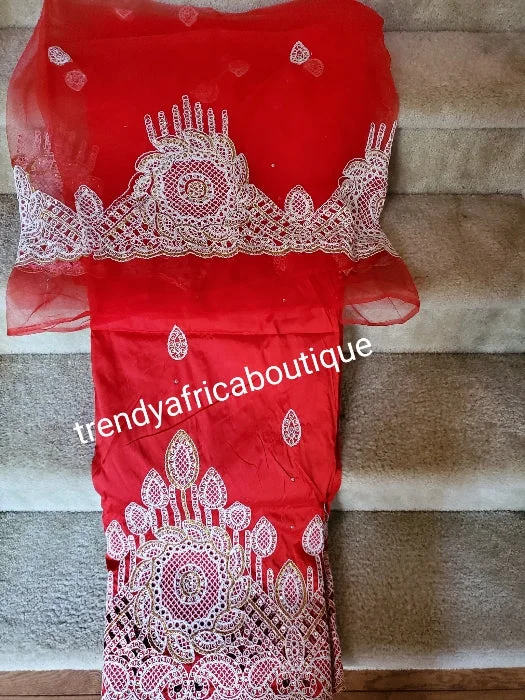 Original quality Red embriodery and stoned taffeta silk George wrapper + red net for blouse combination. Nigerian traditional weddingQuality Indian-George. 5yds wrapper + 1.8yds net.Aso-ebi discount available Boho Chic Blouse Original quality Red embriodery and stoned taffeta silk George wrapper + red net for blouse combination. Nigerian traditional weddingQuality Indian-George. 5yds wrapper + 1.8yds net.Aso-ebi discount available Boho Chic Blouse