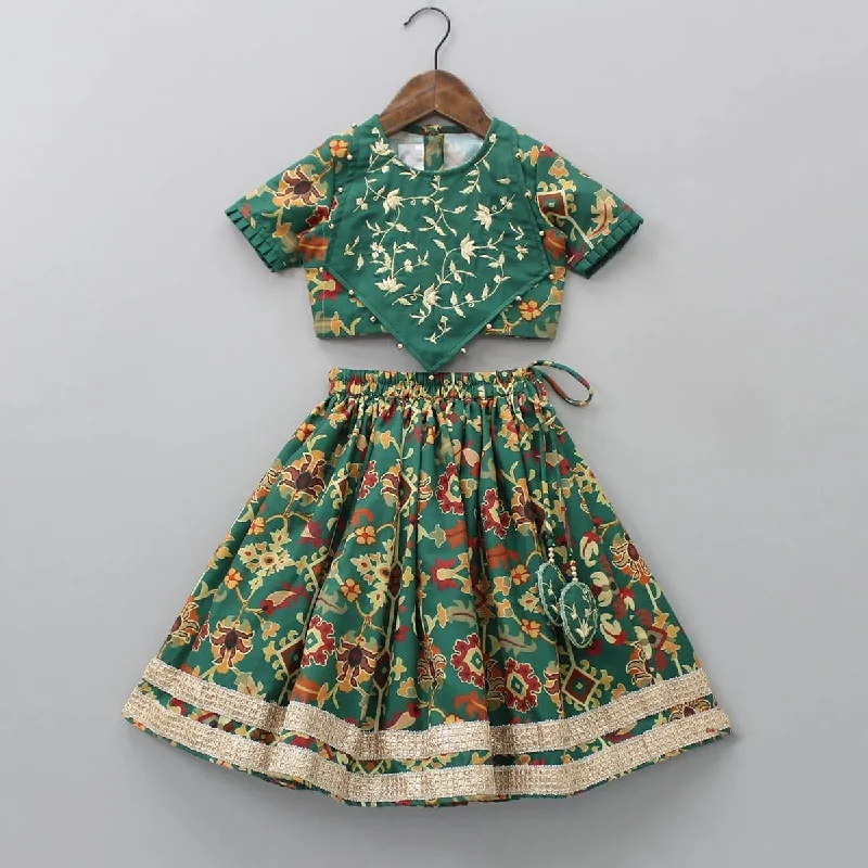 Pre-Order: Bottle Green Ikkat Printed Embroidered Blouse With Ghagara Set Casual Relaxed Blouse Pre-Order: Bottle Green Ikkat Printed Embroidered Blouse With Ghagara Set Casual Relaxed Blouse