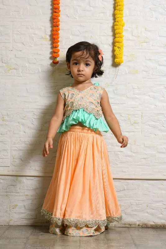 Pre-Order: Peach and Aqua Green Heavy Embroidered Blouse and Ghagra Set Puff Sleeve Blouse Pre-Order: Peach and Aqua Green Heavy Embroidered Blouse and Ghagra Set Puff Sleeve Blouse