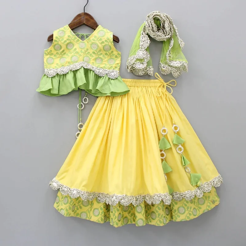 Pre-Order: Yellow and Green Heavy Embroidered Blouse and Ghagra Set Polished Work Blouse