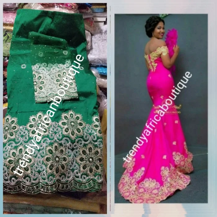 Sale: New arrival Nigerian Tranditional wedding George wrapper. Embellished with quality dazzling beads/crystal stones. Classic Nigerian Green. Full 5yds + 1.8yds matching blouse + free headtie. Indian-George. Model shown wearing similar fabric Satin Long Blouse Sale: New arrival Nigerian Tranditional wedding George wrapper. Embellished with quality dazzling beads/crystal stones. Classic Nigerian Green. Full 5yds + 1.8yds matching blouse + free headtie. Indian-George. Model shown wearing similar fabric Satin Long Blouse
