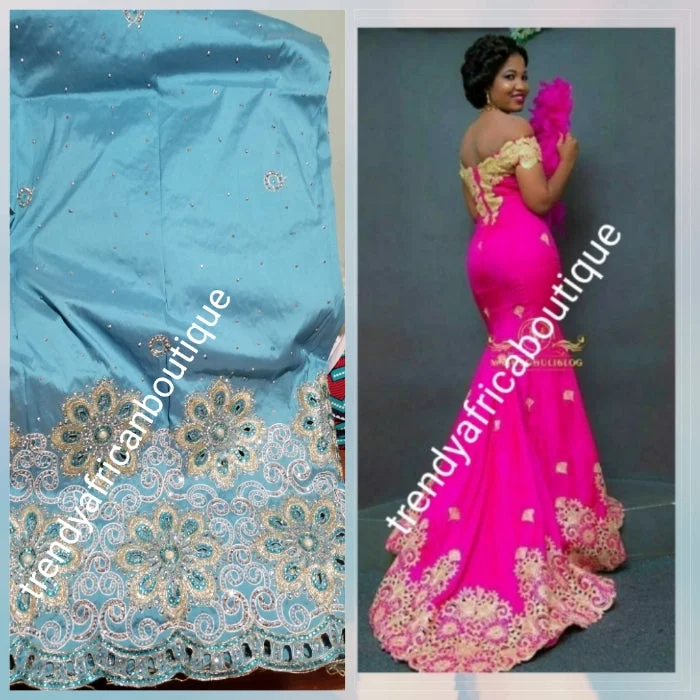 Sale: New arrival Nigerian Tranditional wedding George wrapper. Embellished with quality dazzling beads/crystal stones. Classic sky blue. Full 5yds + 1.8yds matching blouse + free headtie. Indian-George made with original taffeta silk Lightweight Chiffon Blouse Sale: New arrival Nigerian Tranditional wedding George wrapper. Embellished with quality dazzling beads/crystal stones. Classic sky blue. Full 5yds + 1.8yds matching blouse + free headtie. Indian-George made with original taffeta silk Lightweight Chiffon Blouse