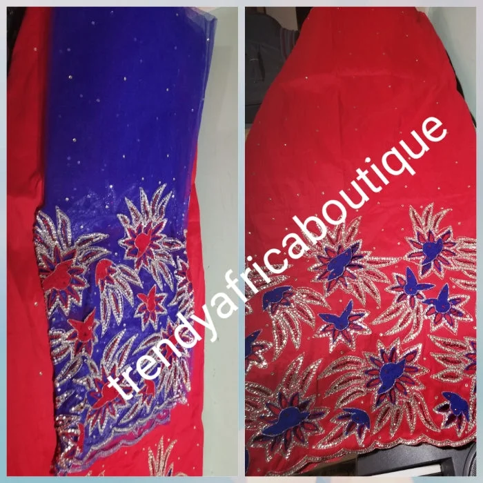 Sale: Quality Red Taffeta Silk George wrapper/ royalblue contrast blouse. hand cut border beaded and silver crystal stoned for Nigerian traditional wedding/party outfit. Come as 2.5yds+2.5yds +1.8yds matching net for blouse. best Indian-george. Delicate Bow Blouse Sale: Quality Red Taffeta Silk George wrapper/ royalblue contrast blouse. hand cut border beaded and silver crystal stoned for Nigerian traditional wedding/party outfit. Come as 2.5yds+2.5yds +1.8yds matching net for blouse. best Indian-george. Delicate Bow Blouse