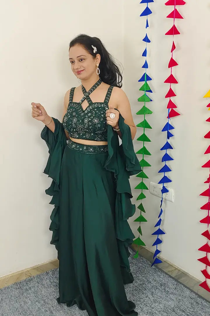 Designer Crop Top Sharara With Hand Work Blouse In Green Satin Drape Blouse