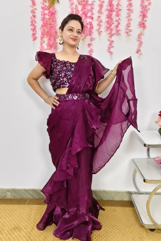 Designer Ruffle Blouse Partywear Ready To Wear Drape saree in Organza Feminine Puff Blouse Designer Ruffle Blouse Partywear Ready To Wear Drape saree in Organza Feminine Puff Blouse