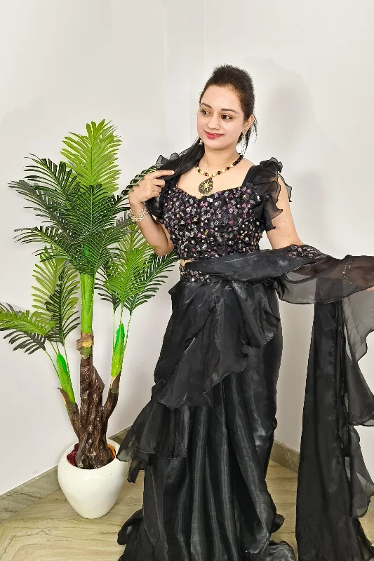 Designer Ruffle Blouse Partywear Ready To Wear Drape saree in Organza Smart Business Blouse Designer Ruffle Blouse Partywear Ready To Wear Drape saree in Organza Smart Business Blouse