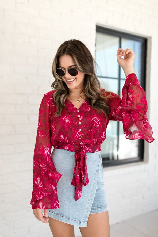 Don't Wait Up Berry Floral Bell Sleeve Tie Front Blouse FINAL SALE Embroidered Cotton Blouse Don't Wait Up Berry Floral Bell Sleeve Tie Front Blouse FINAL SALE Embroidered Cotton Blouse