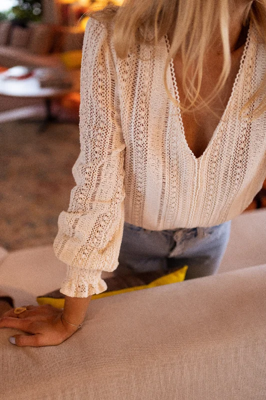 Ecru Crochet Arlyne Blouse Feminine Puff Blouse