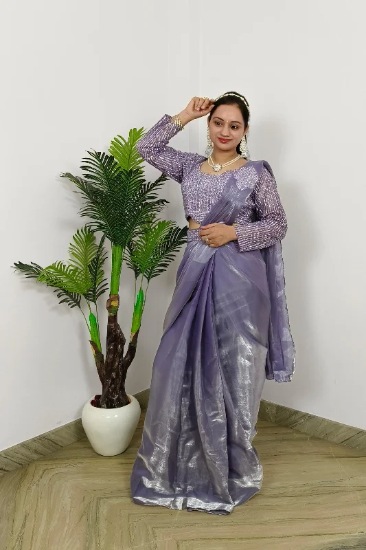 Embellished Blouse Ready To Wear Organza Saree In Lavender With Waist Belt Asymmetric Hem Blouse Embellished Blouse Ready To Wear Organza Saree In Lavender With Waist Belt Asymmetric Hem Blouse