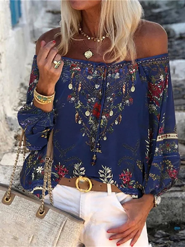 Floral Print Blouse Women Lace Thin Long Sleeve Off Shoulder Summer Tops Shirts Mandarin Collar Blouse Floral Print Blouse Women Lace Thin Long Sleeve Off Shoulder Summer Tops Shirts Mandarin Collar Blouse