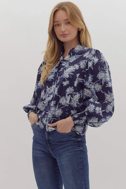 Floral Print Ruffle Neck Blouse Double-Layered Blouse