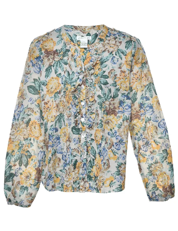 Floral Ruffled Blouse - M Stretchy Fitted Blouse
