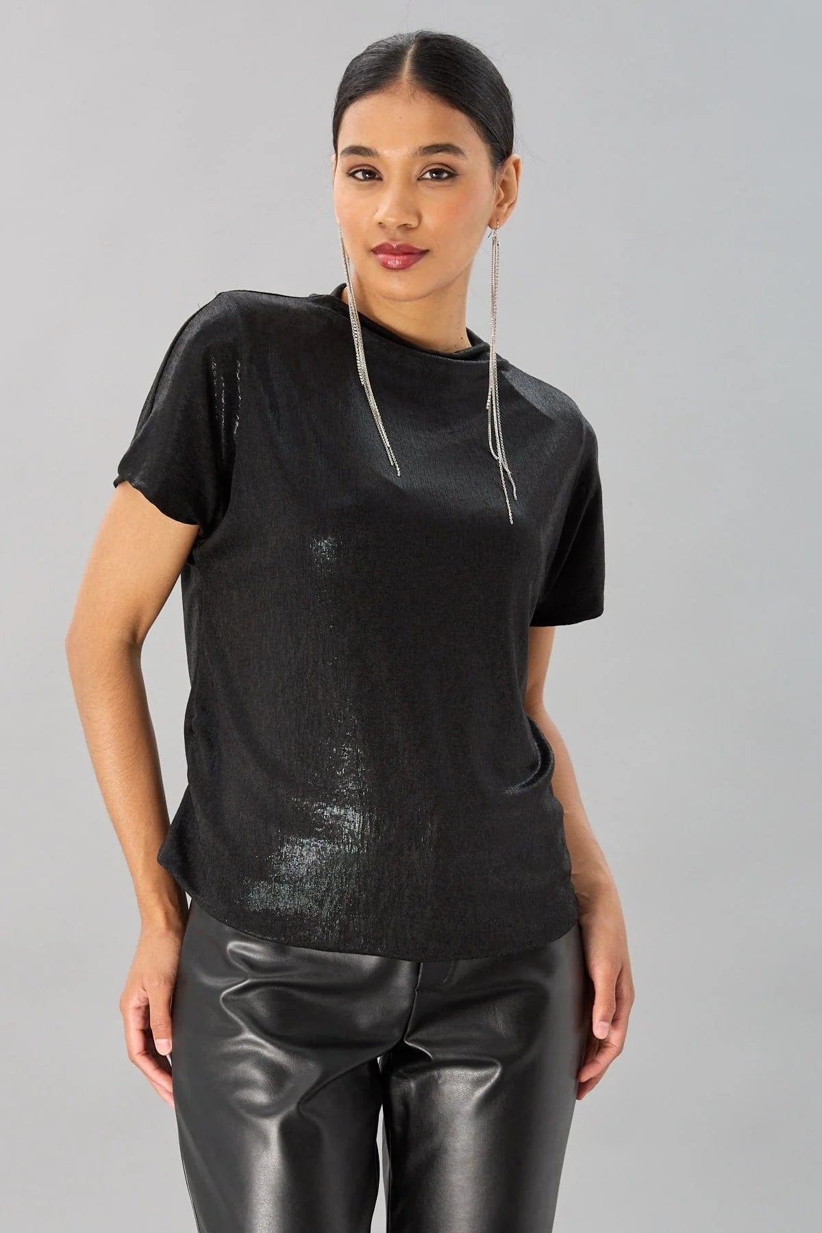 Foil Jersey Mock Neck Blouse Classic Striped Blouse