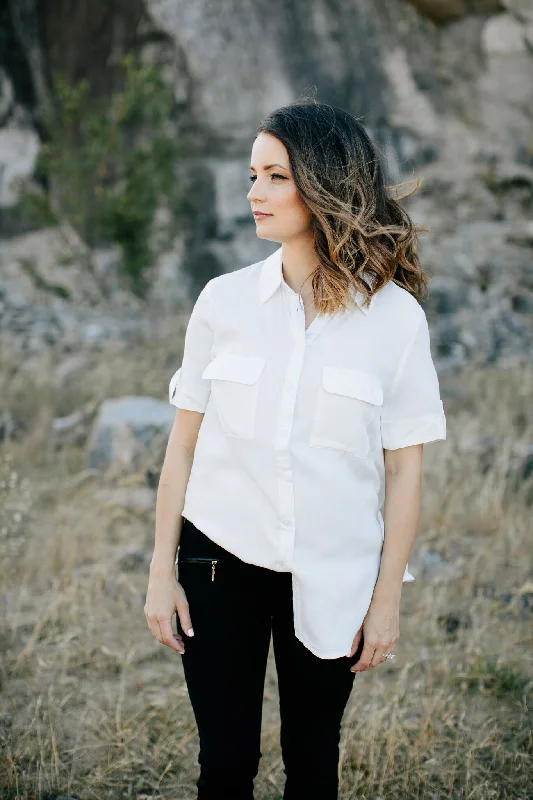 Front Pocket Blouse Puff Sleeve Blouse