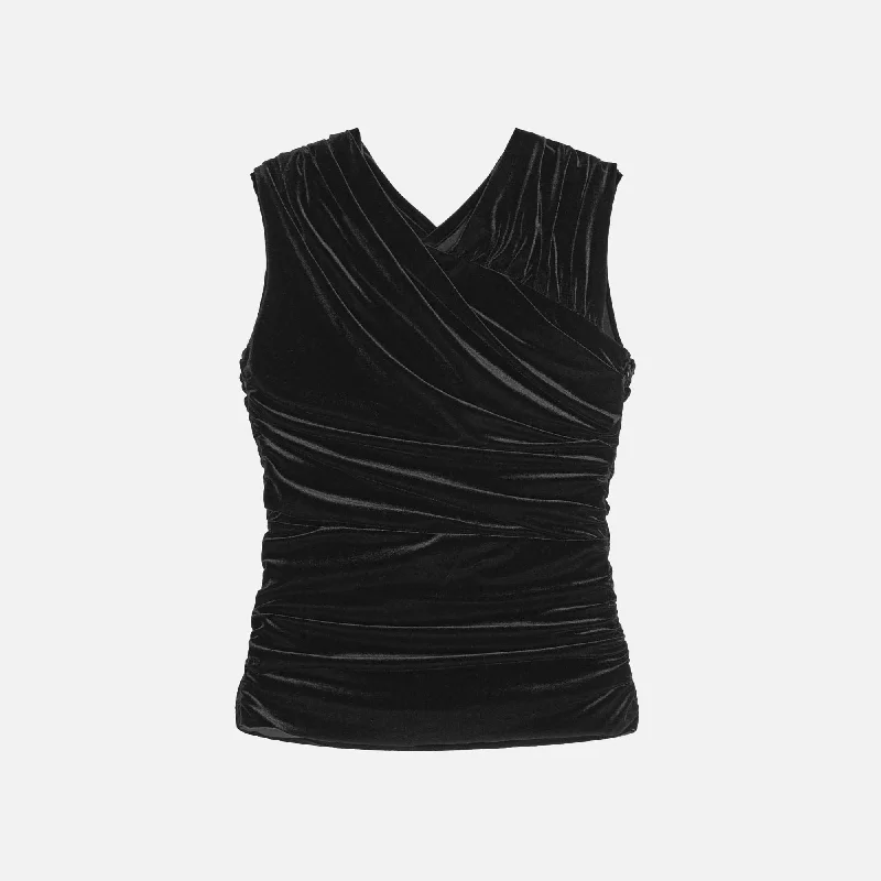 Ganni Velvet Jersey Ruched Crossover Blouse - Black Embellished Collar Blouse