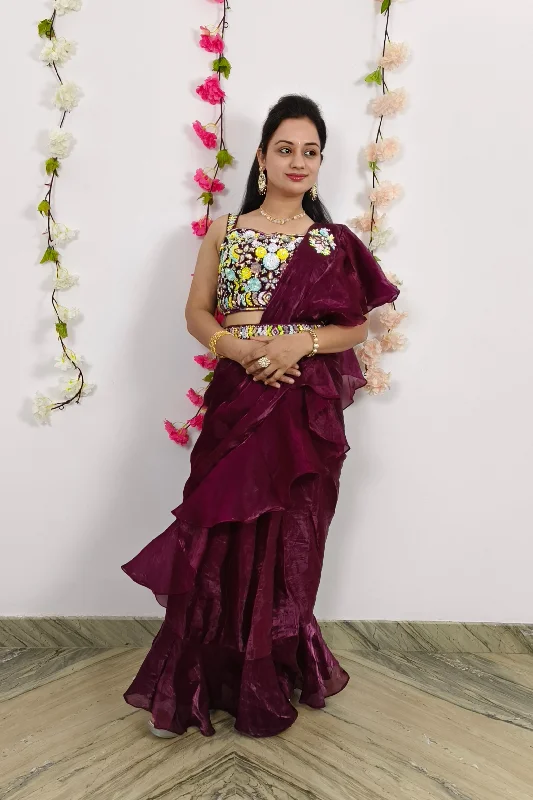 Hand Embellished Blouse Ready to Wear Drape Saree in Organza In Wine Boho Chic Blouse