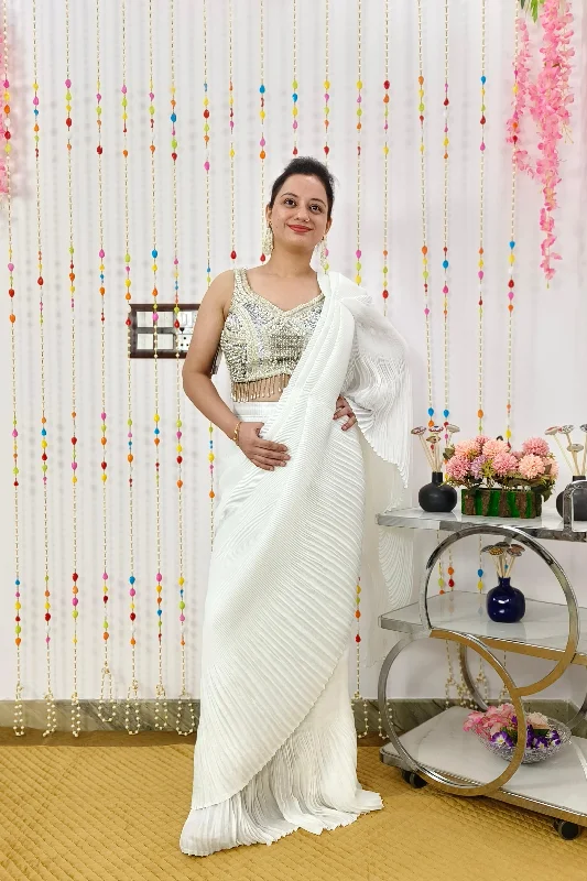 Hand Work Blouse Ready To Wear Saree In Crinkled Georgette Fabric in White Versatile Layering Blouse Hand Work Blouse Ready To Wear Saree In Crinkled Georgette Fabric in White Versatile Layering Blouse