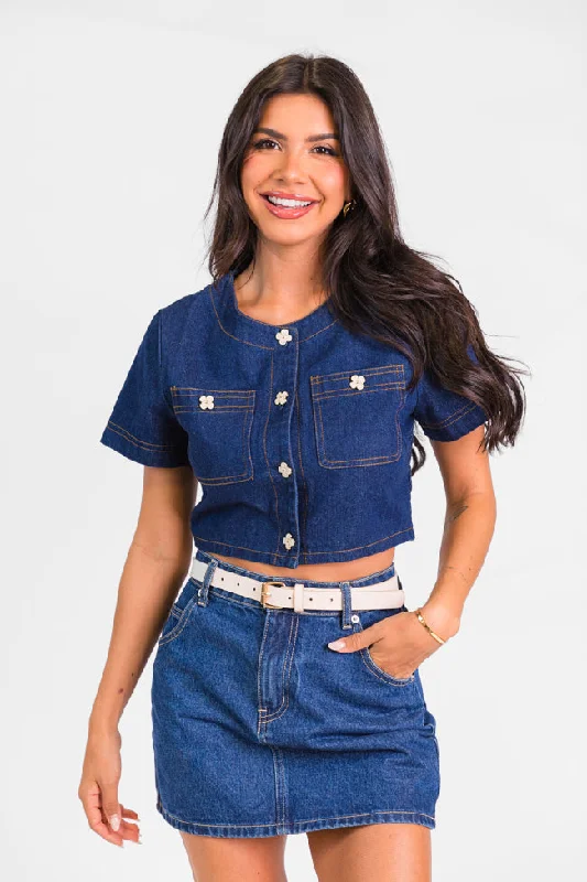 Little Details Dark Wash Denim Button Front Crop Blouse FINAL SALE Casual Relaxed Fit Blouse
