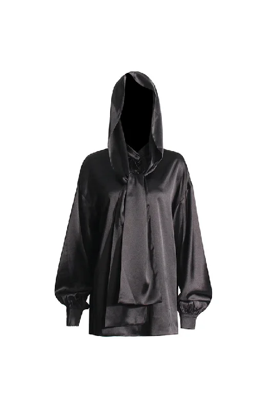 Magical Hooded Button Down Bow Tie Bishop Sleeve Oversized Satin Blouse Loose Fit Blouse Magical Hooded Button Down Bow Tie Bishop Sleeve Oversized Satin Blouse Loose Fit Blouse