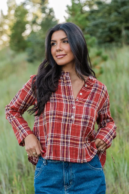 Most Wanted Rust Plaid Woven Blouse FINAL SALE Pastel Color Blouse