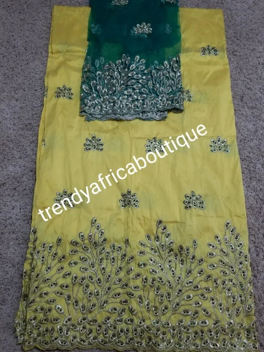 Nigerian Tranditional George wrapper. Embriodery/stones design in yellow/green matching net for blouse (not sewn). Small-George. Original yellow silk Geoege, embellished with green crystal stones and gold embriodery Lightweight Chiffon Blouse Nigerian Tranditional George wrapper. Embriodery/stones design in yellow/green matching net for blouse (not sewn). Small-George. Original yellow silk Geoege, embellished with green crystal stones and gold embriodery Lightweight Chiffon Blouse