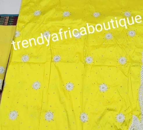 New arrival: Sweet yellow quality taffeta embriodery and clear crystal stones silk George wrapper + matching net for making blouse combination. Nigerian traditional wedding Quality Indian-George. 5yds wrapper + 1.8yds net.Aso-ebi discount available) Versatile Layering Blouse New arrival: Sweet yellow quality taffeta embriodery and clear crystal stones silk George wrapper + matching net for making blouse combination. Nigerian traditional wedding Quality Indian-George. 5yds wrapper + 1.8yds net.Aso-ebi discount available) Versatile Layering Blouse