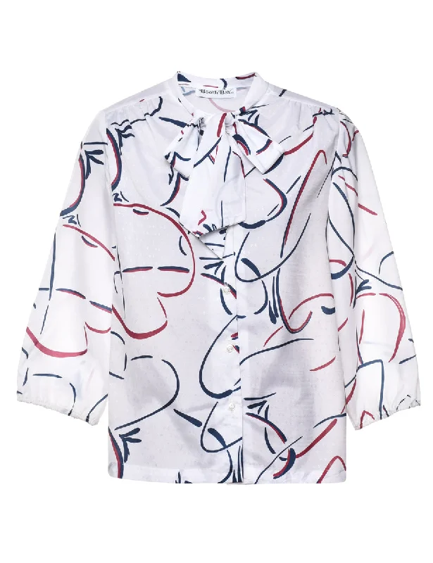 Patterned Pussy Bow Blouse - L Textured Cotton Blouse
