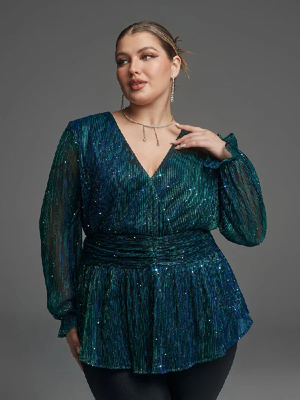 Flounce Sleeve Sequin Peplum Blouse Side Tie Blouse