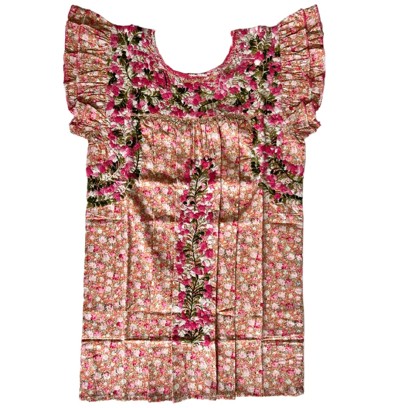 Pink/Green Floral Flutter Sleeve Blouse (Medium) Elegant Embroidery Blouse
